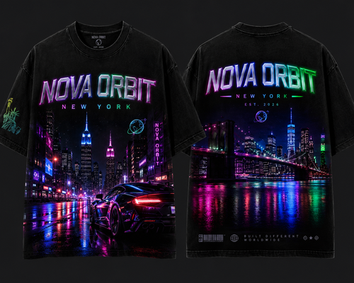 Nova Orbit New York Tee - front and back neon NYC skyline graphic